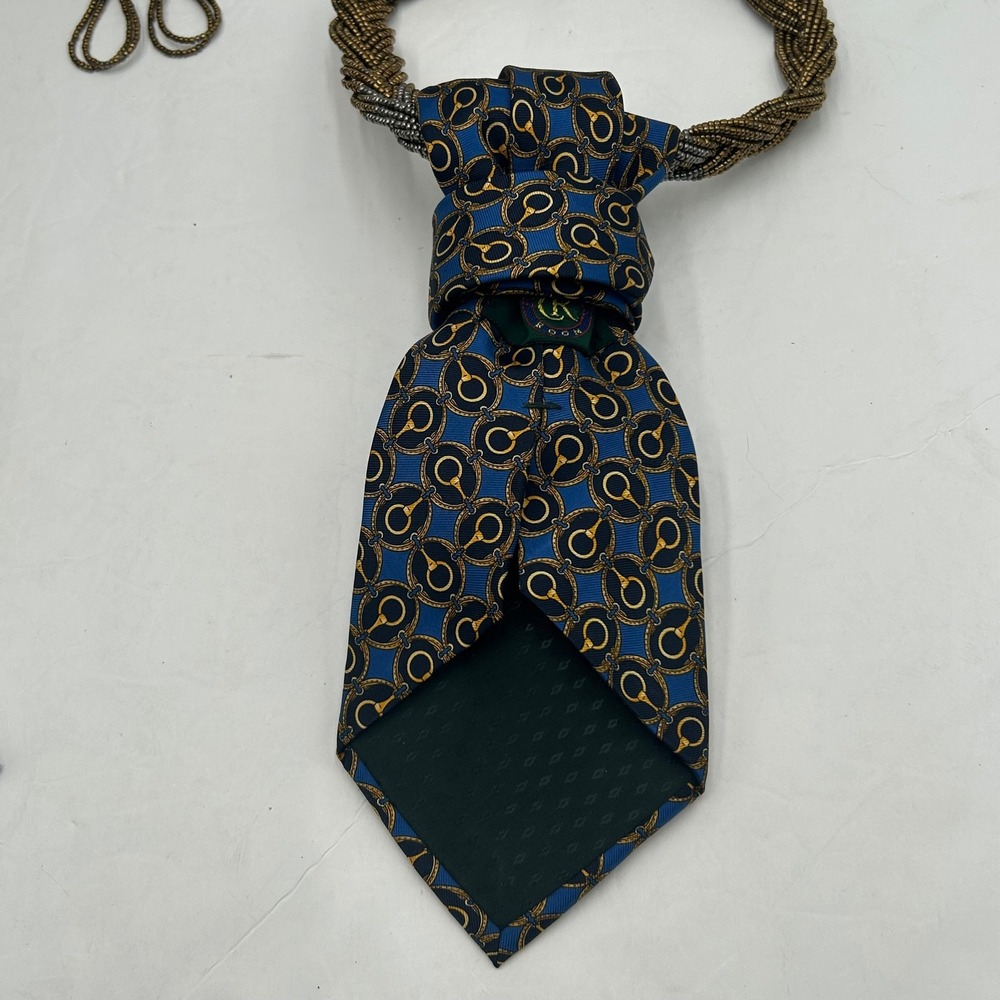 Club Room Silk Tie Horse Necklace Western Equestrian Blue Gold Crystal Brooch - Picture 6 of 12